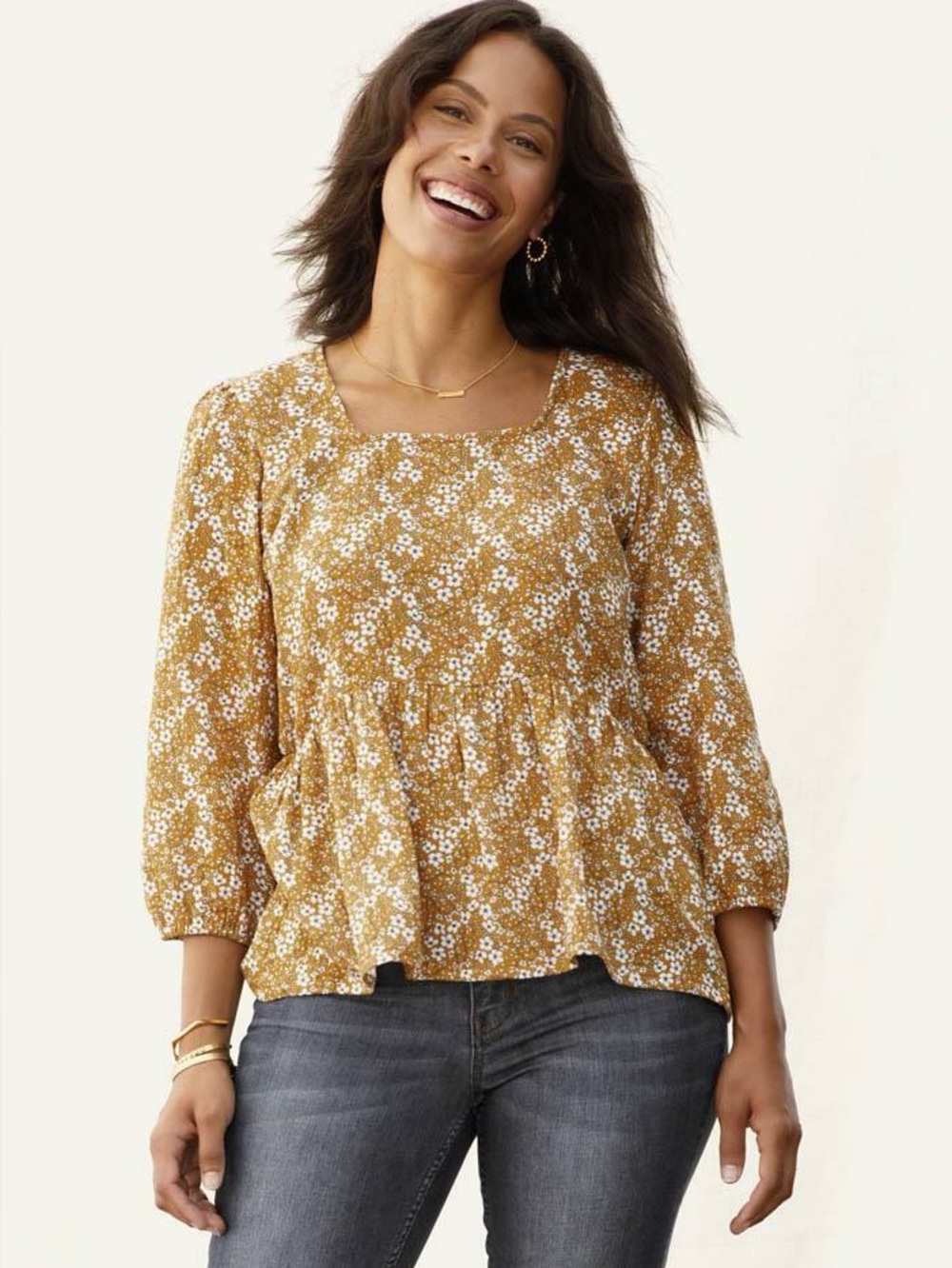 Matilda Jane Shay Mustard Ditsy Floral Peplum Long-Sleeve Women's Blouse